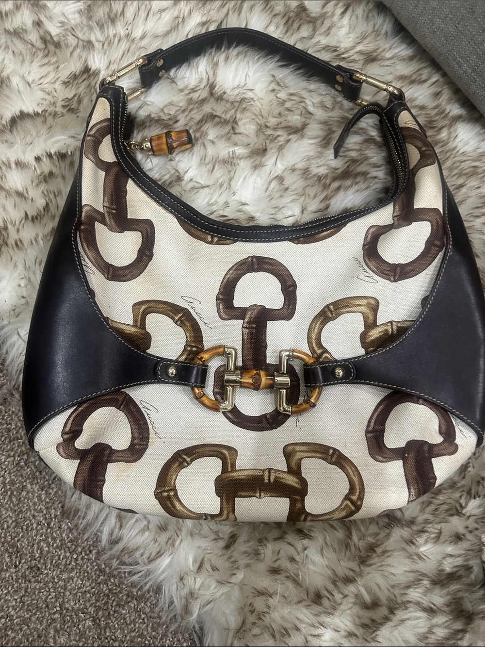 GUCCI Cream Canvas Shoulder Bag with Brown Leather Trim and Bamboo Accents